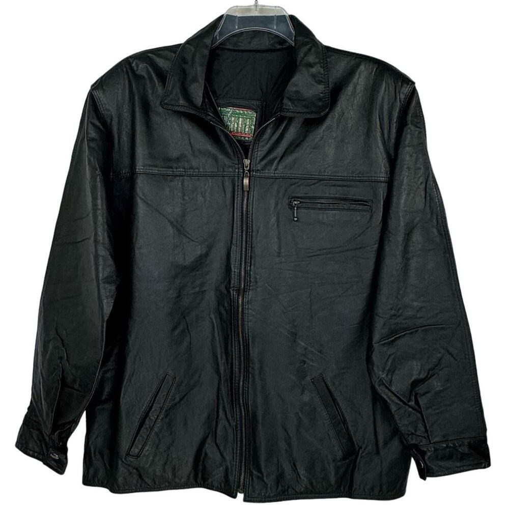 ELITE Black Genuine Leather Zip Up Collared Classic Y2K Jacket Men's XL Vintage